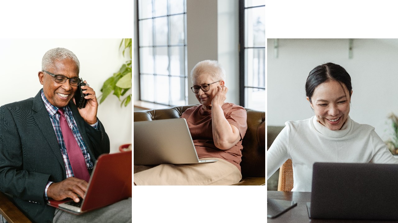 composite image of 3 people sitting working on computers